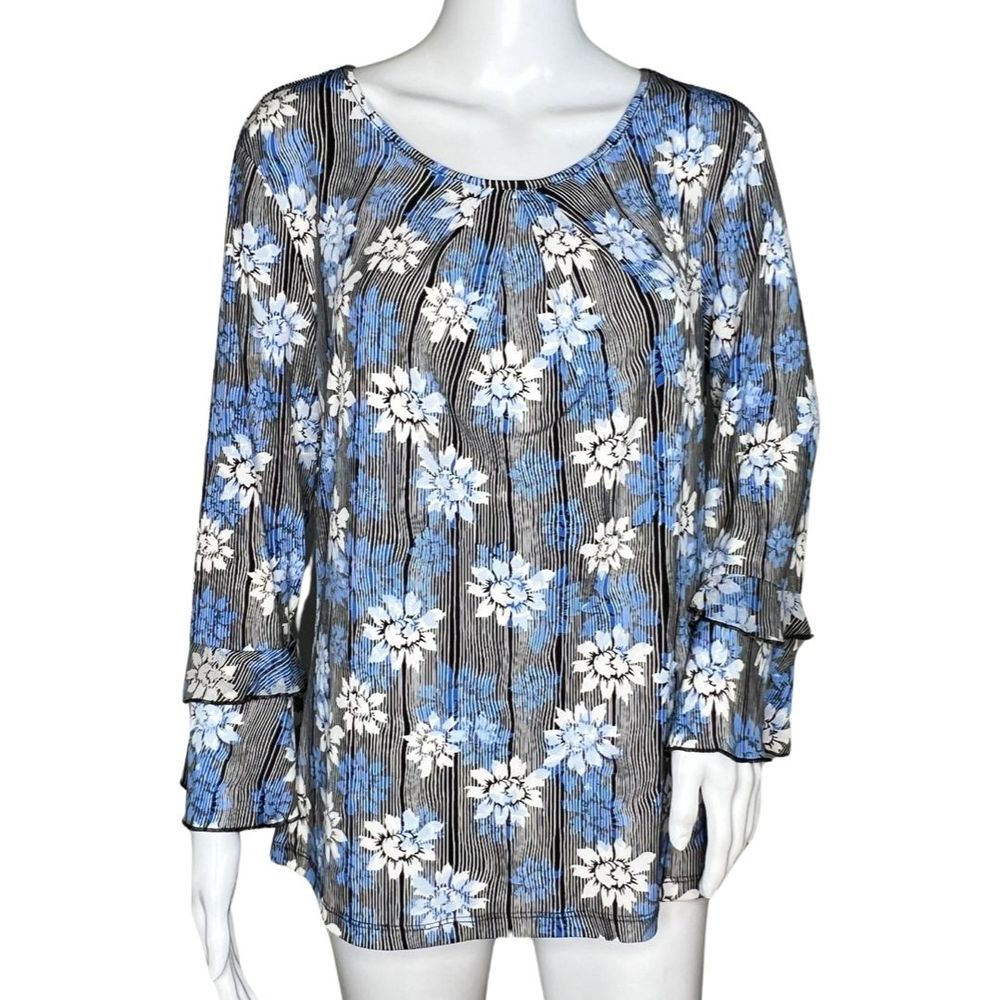 Karl Lagerfeld Shirt Women Medium Blue Floral Pleated Neck Blouse Career Casual